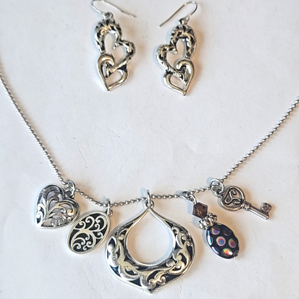 #120 Heart & Charms Necklace and Earrings Set Handcrafted Silver Toned Metal